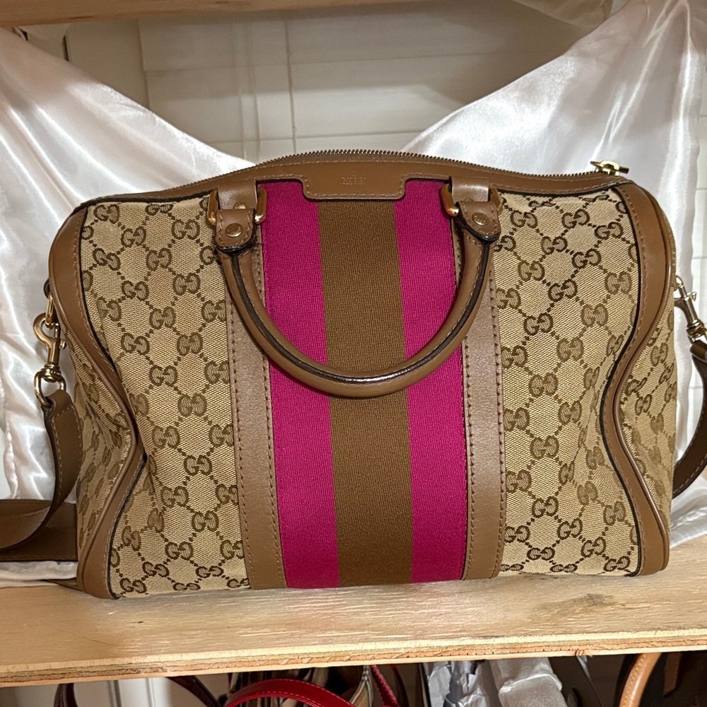 Gucci Beige GG Canvas Top-Handle Bag with Pink & Brown Stripe